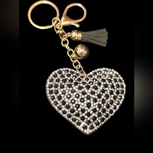 Elegant Black & Silver Rhinestone Heart Bag Charm / Keychain with Tassel